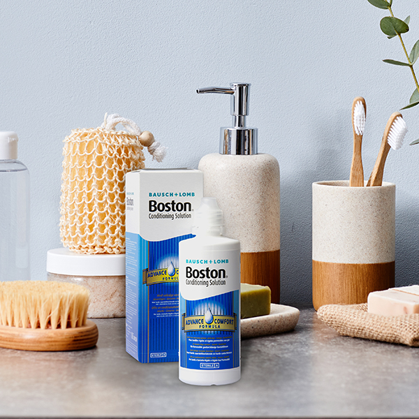 Boston contact lens solution placed in the bathroom.