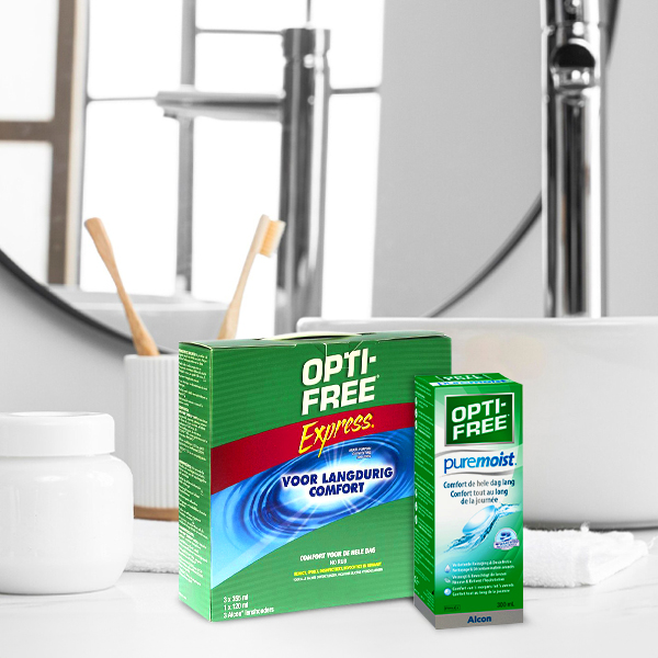 OptiFree products placed in the bathroom