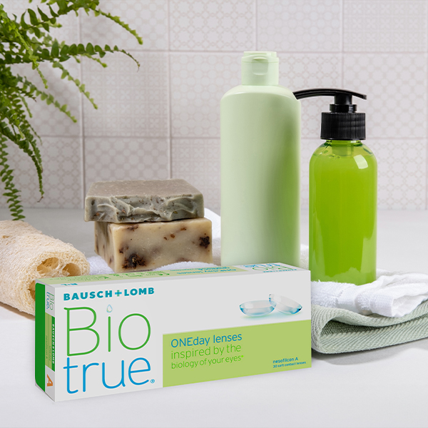 Biotrue contact lens box placed in the bathroom.