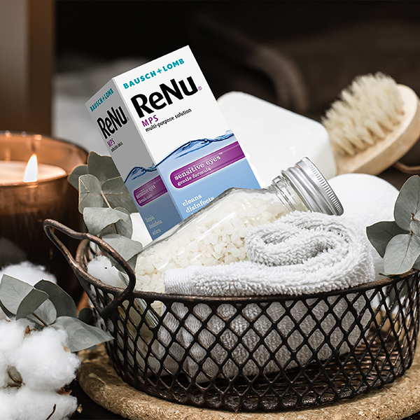 ReNu product in a basket in the bathroom