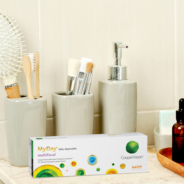 MyDay contact lens box placed in the bathroom