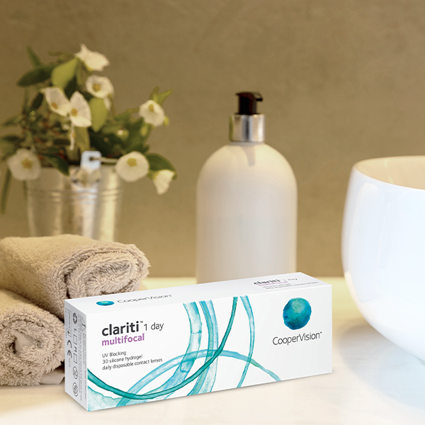 Clariti contact lens box placed in the bathroom.