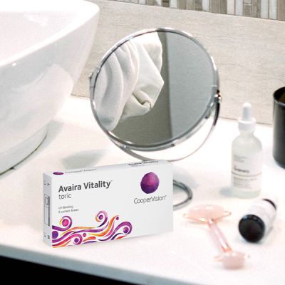 Avaira contact lens box placed in the bathroom.