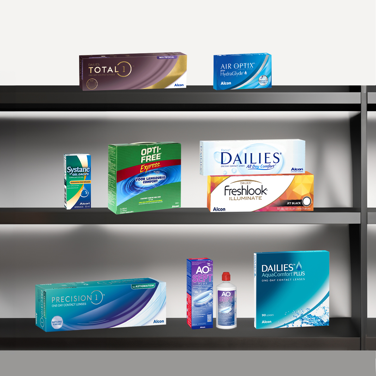 A rack with various brands of contact lenses